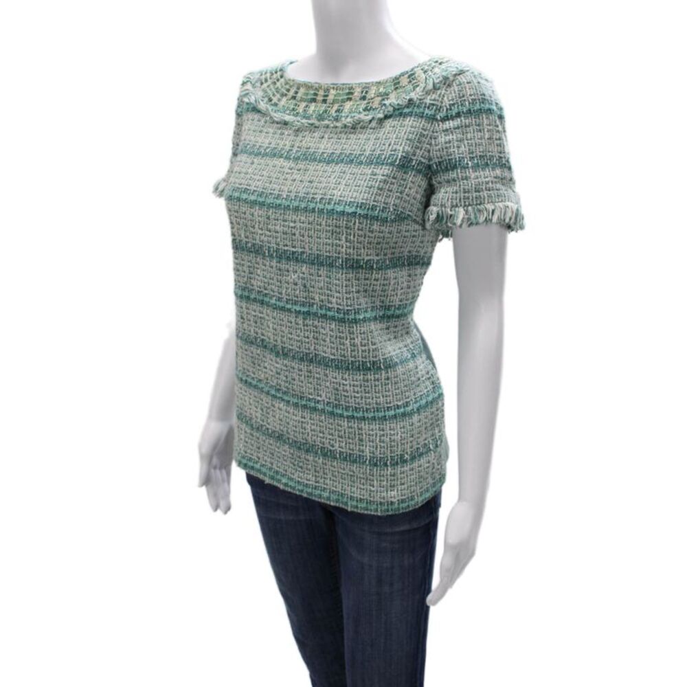 Tory Burch Women Striped Round Neck Short Sleeve Blouse Green Size 8 - Picture 2 of 6